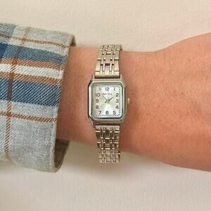 Y2K Silver Rectangle Quartz Watch with Black Numbers Unisex 8.5" New